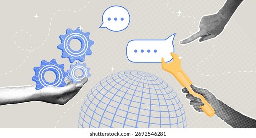 Otimizando a comunicação e o suporte globais. Colagem de meio-tom na moda. Conceito para melhoria de negócios, pensamento criativo e resolução de problemas.