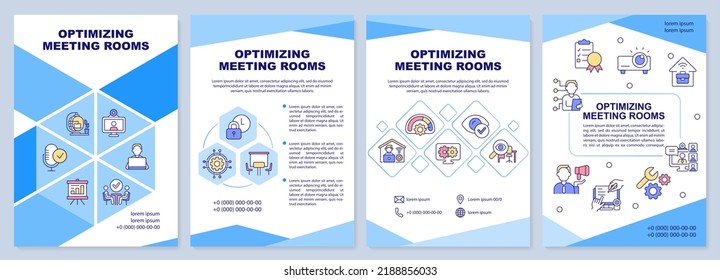 Optimizing meeting rooms blue brochure template. Business. Leaflet design with linear icons. Editable 4 vector layouts for presentation, annual reports. Arial-Black, Myriad Pro-Regular fonts used