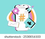 Optimizing posts for search visibility with hashtag strategies and social media SEO. Hashtag challenges and viral videos boost engagement and content reach. Isolated vector illustration