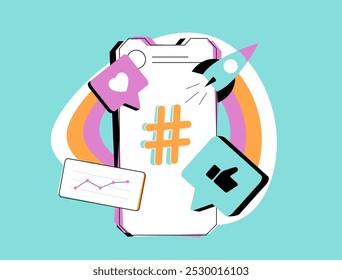 Optimizing posts for search visibility with hashtag strategies and social media SEO. Hashtag challenges and viral videos boost engagement and content reach. Isolated vector illustration