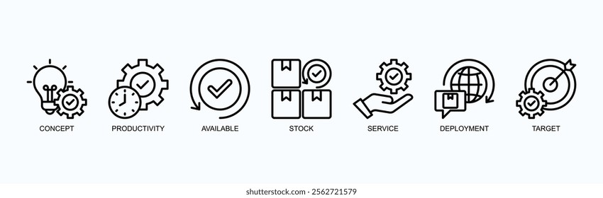 Optimizing Productivity And Service Deployment Icon Set Isolated Vector Illustration Concept With Icon Of Concept, Productivity, Available, Stock, Service, Deployment, Target In Outline Style