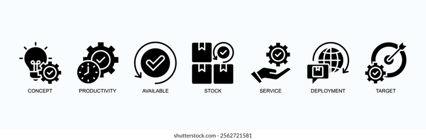 Optimizing Productivity And Service Deployment Icon Set Isolated Vector Illustration Concept With Icon Of Concept, Productivity, Available, Stock, Service, Deployment, Target In Glyph Style