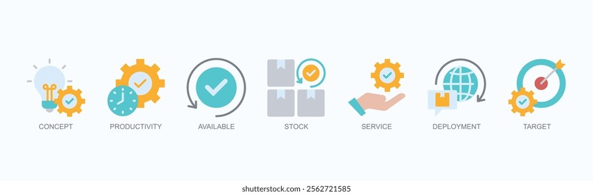 Optimizing Productivity And Service Deployment Icon Set Isolated Vector Illustration Concept With Icon Of Concept, Productivity, Available, Stock, Service, Deployment, Target In Outline Color Style