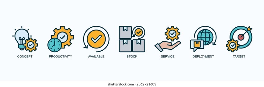 Optimizing Productivity And Service Deployment Icon Set Isolated Vector Illustration Concept With Icon Of Concept, Productivity, Available, Stock, Service, Deployment, Target In Blue Style