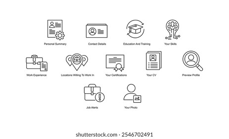 Otimizando perfis profissionais Ícones: Resumo pessoal, detalhes de contato, educação e treinamento, experiência profissional, locais dispostos a trabalhar, suas certificações, suas habilidades e muito mais.