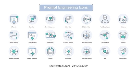 Optimizar la ingeniería de Instrucción. Iconos para la Instrucción de Ai, en aprendizaje de contexto, iteración de Instrucción, encadenamiento de Instrucción, ejemplos, aprendizaje de pocos disparos, aprendizaje de cero disparos, encuadre de tareas, seguridad y sesgo, y más.