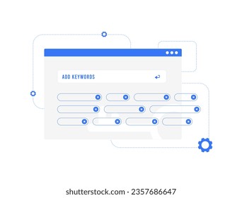 Optimizing SEO with Keyword Research tool concept. Selecting High, Mid and Low-Frequency Keywords for Blog articles, Videos and Online Store goods. Vector illustration on white background with icons