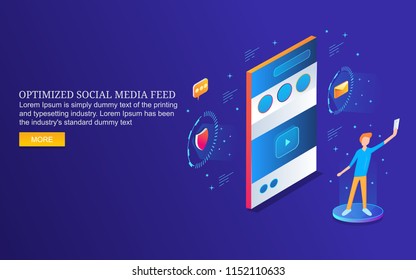 Optimizing social media post, content sharing on social sites flat 3D isometric banner isolated on blue backgorund