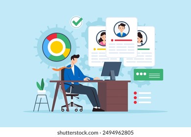 Optimizing use of business resources, maximizing efficiency, management concept vector illustration. Analyst on desk planning and analyzing resource allocation