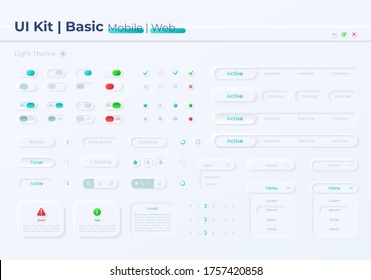 Option buttons UI elements kit. Checkbox and slider. Basic isolated vector icon, bar and dashboard template. Web design widget collection for mobile application with light theme interface