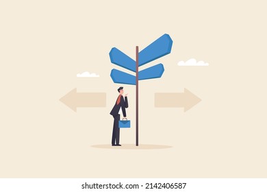 Option to change goals. choose a career path Look for new opportunities. Looking for new challenges in  career.
Businessman making decision, confused by direction signs choices.