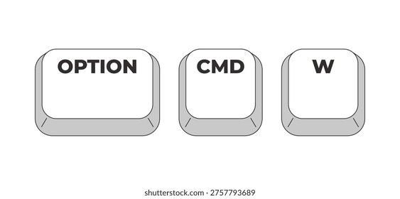 Option Command W grayscale keyboard hotkey. Close all open windows and folders in application. Web browser. Minimal shortcut keys. Monochrome combination buttons for productivity. Vector illustration