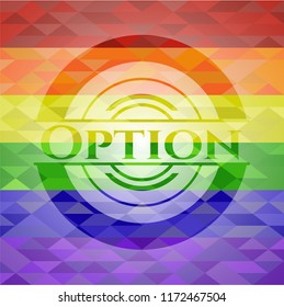 Option emblem on mosaic background with the colors of the LGBT flag