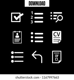 option icon. 9 option vector set. turn left, check mark, application form and list icons for web and design about option theme