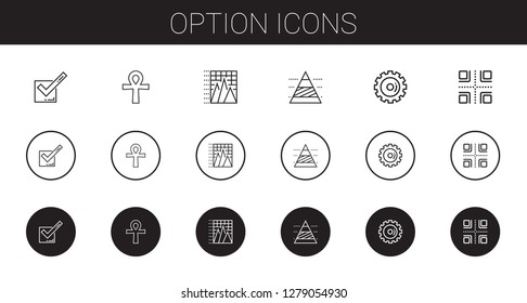 option icons set. Collection of option with tick, cross, pyramid chart, options, crossroads. Editable and scalable option icons.