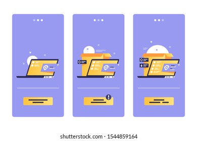 Option package selection vector illustration. Template of internet app slider collection with laptop device and order icon, box with round symbol flat style concept