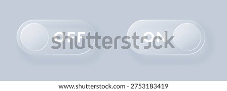 Option selection button design in glass morphism style. On Off toggle switches. Isolated vector UI elements with transparent glass effect