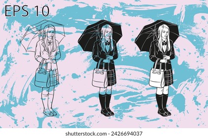 Optional set of illustrations. Vector illustration of an English student girl with an umbrella and a handbag. Beautiful thoughtful girl. Picture for coloring and other needs, on an abstract background