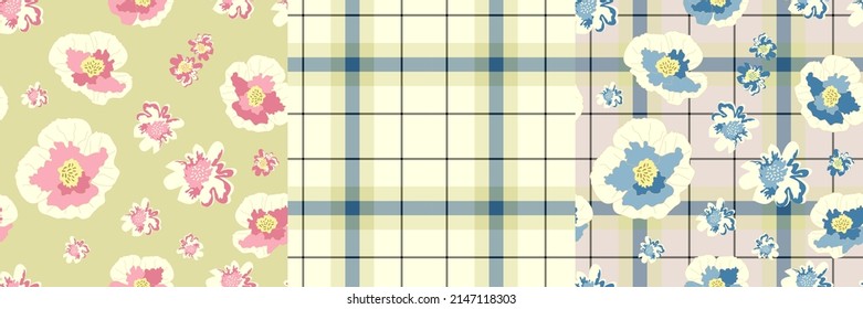 Options for combining floral design and Scottish plaid. Set of seamless patterns created in pastel colors and shapes that complement each other. For textile, wrapping, cover, packing. Vector.