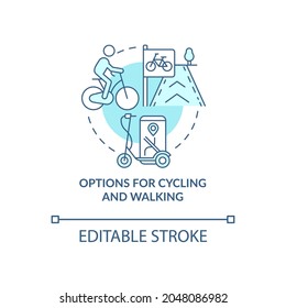Options for cycling and walking concept icon. City solution abstract idea thin line illustration. Access to footpaths. Bicycle-sharing system. Vector isolated outline color drawing. Editable stroke