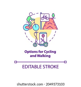 Options for cycling and walking concept icon. City solution abstract idea thin line illustration. Urban ecology. Alternative transportation. Vector isolated outline color drawing. Editable stroke