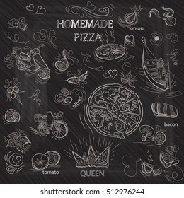 Options for delivery of Italian pizza. Imitation drawing chalk on a blackboard. Vector illustration.