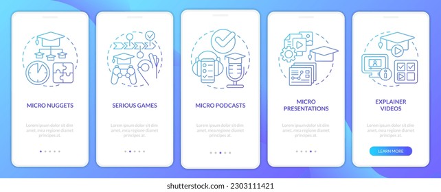Opciones para entrega microaprendizaje azul gradiente en pantalla de aplicación móvil. Recorrido 5 pasos instrucciones gráficas con conceptos lineales. UI, UX, plantilla GUI. Multitud de tipos de letra Pro-Bold, con uso regular