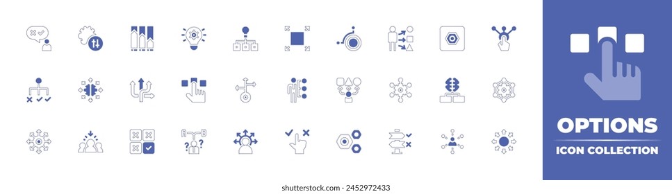 Optionen Symbol Kollektion. Linienstrich im Duotonstil und fett. Vektorillustration. Enthält Richtungen, Flexibilität, Optionen, Sortiment, Option, Auswahl, Adaptiv, Einstellungen, Auswählen, Outsourcing.