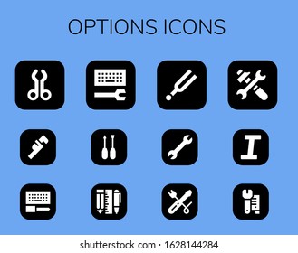 options icon set. 12 filled options icons. Included Tool, Wrench, Configuration, Screwdriver, Tools, Tuning, Italic icons