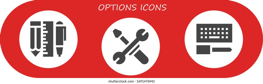 options icon set. 3 filled options icons.  Simple modern icons such as: Tools, Configuration