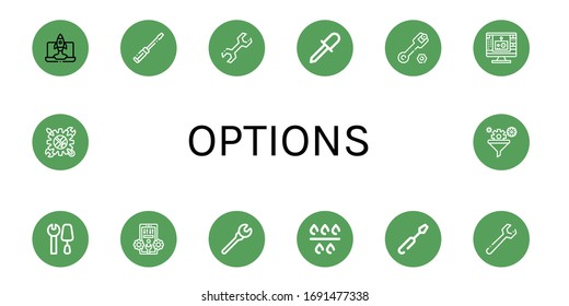 options icon set. Collection of Configuration, Screwdriver, Wrench, Edit tool, Tools, Filter, Tool icons