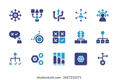 Conjunto de iconos Opciones. Color duotono. Ilustración vectorial. Contiene direcciones, flexibilidad, opciones, surtido, opción.