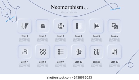 Conjunto de iconos Opciones. Configuración, controles deslizantes, depuración, personalización, selección. Estilo neomorfista. Icono de línea vectorial para negocios y publicidad