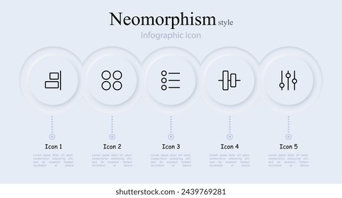 Conjunto de iconos Opciones. Configuración, controles deslizantes, depuración, personalización, selección. Estilo neomorfista. Icono de línea vectorial para negocios y publicidad