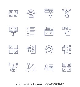 Options icon set. Thin line icon. Editable stroke. Containing project, setup, skills, choose, control, options, decision making, choice, option, assortment, check list, select.