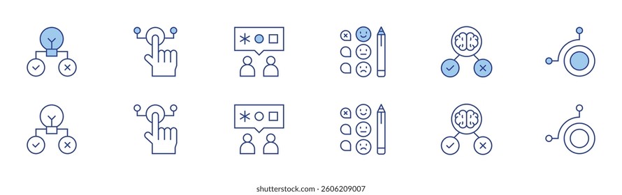 Options icon set in two styles, Duotone and Thin Line style. Editable stroke. hypothesis, review, tap, decision making, choice, options.