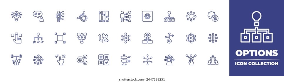 Colección de iconos de línea de opciones. Trazo editable. Ilustración vectorial. Conteniendo direcciones, flexibilidad, surtido, opción, opciones, elegir, subcontratación, elección, toma de decisiones, redimensionar, decisión.