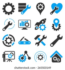 Options And Service Tools Icon Set. These Bicolor Icons Use Modern Corporate Light Blue And Gray Colors, White Color Is Not Used In The Symbols.