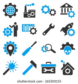 Options And Service Tools Icon Set. These Bicolor Icons Use Modern Corporate Light Blue And Gray Colors, White Color Is Not Used In The Symbols.