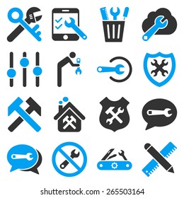 Options and service tools icon set. These bicolor icons use modern corporate light blue and gray colors, white color is not used in the symbols.