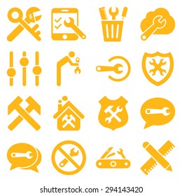 Options and service tools icon set. Vector style: flat symbols, yellow color, rounded angles, white background.