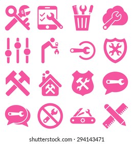 Options and service tools icon set. Vector style: flat symbols, pink color, rounded angles, white background.