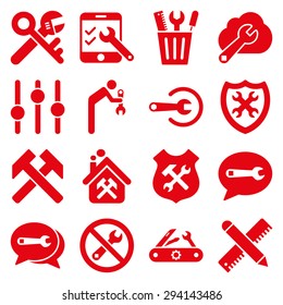 Options and service tools icon set. Vector style: flat symbols, red color, rounded angles, white background.