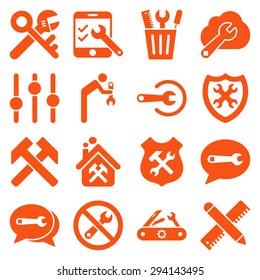 Options and service tools icon set. Vector style: flat symbols, orange color, rounded angles, white background.