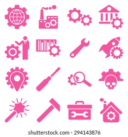 Options and service tools icon set. Vector style: flat symbols, pink color, rounded angles, white background.