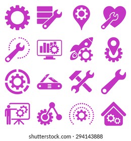 Options and service tools icon set. Vector style: flat symbols, violet color, rounded angles, white background.
