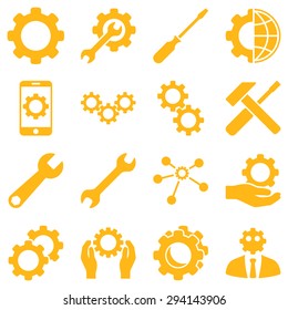 Options and service tools icon set. Vector style: flat symbols, yellow color, rounded angles, white background.