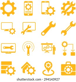 Options and service tools icon set. Vector style: flat symbols, yellow color, rounded angles, white background.