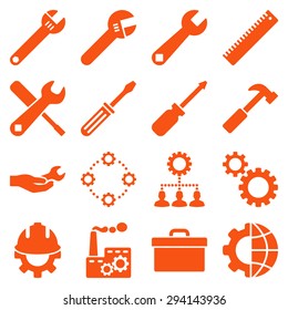 Options and service tools icon set. Vector style: flat symbols, orange color, rounded angles, white background.