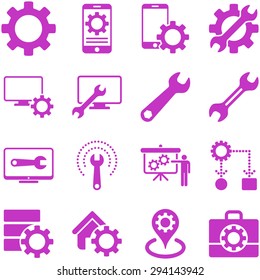 Options and service tools icon set. Vector style: flat symbols, violet color, rounded angles, white background.